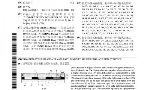 京东方Ａ公布国际专利申请：“显示基板及其制备方法、显示装置”