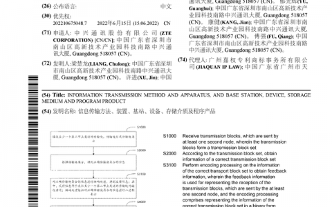 中兴通讯公布国际专利申请：“信息传输方法、装置、基站、设备、存储介质及程序产品”