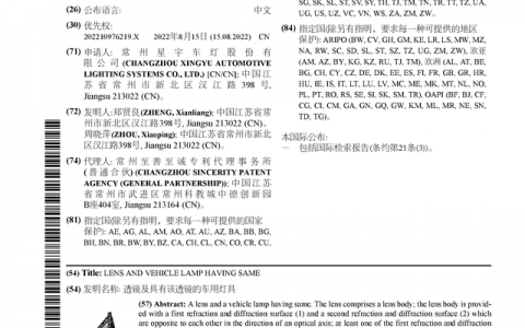 星宇股份公布国际专利申请：“透镜及具有该透镜的车用灯具”