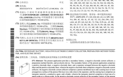 宁德时代公布国际专利申请：“二次电池、负极集流体及其制备方法和用电装置”