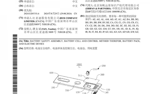 比亚迪公布国际专利申请：“电池安全组件、电池单体及控制方法、电池包、用电装置”