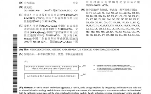 比亚迪公布国际专利申请：“一种车辆控制方法、装置、车辆及存储介质”